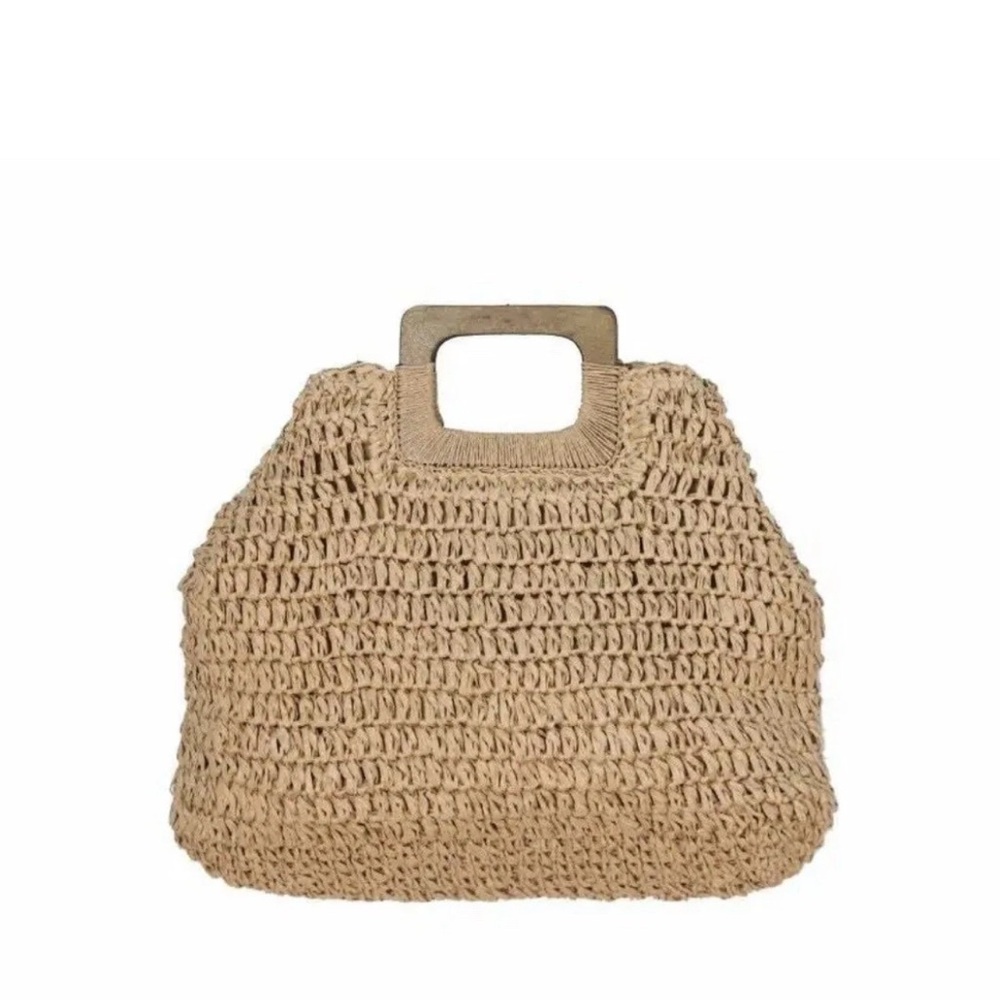 Handmade Woven Straw Tote Bag with Wooden Handle | Summer Beach Boho Purse